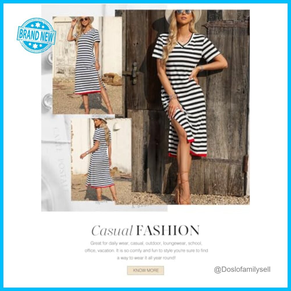 Striped Maxi Dress Casual Chic Split Side Summer T-Shirt Style Trendy View 4